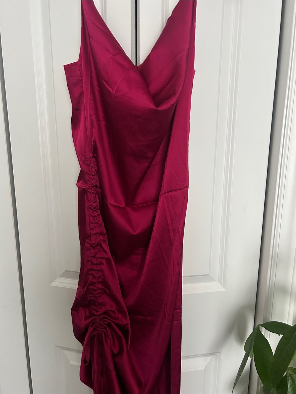 Draped Cowl Neck Raspberry Satin Prom Dress